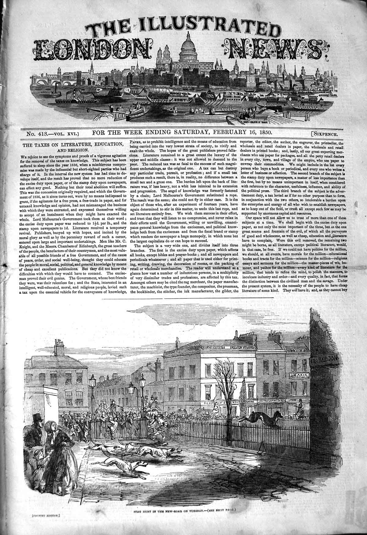 Original Old Antique Print 1850 Stag Hunting Street Scene Camden Town Sport