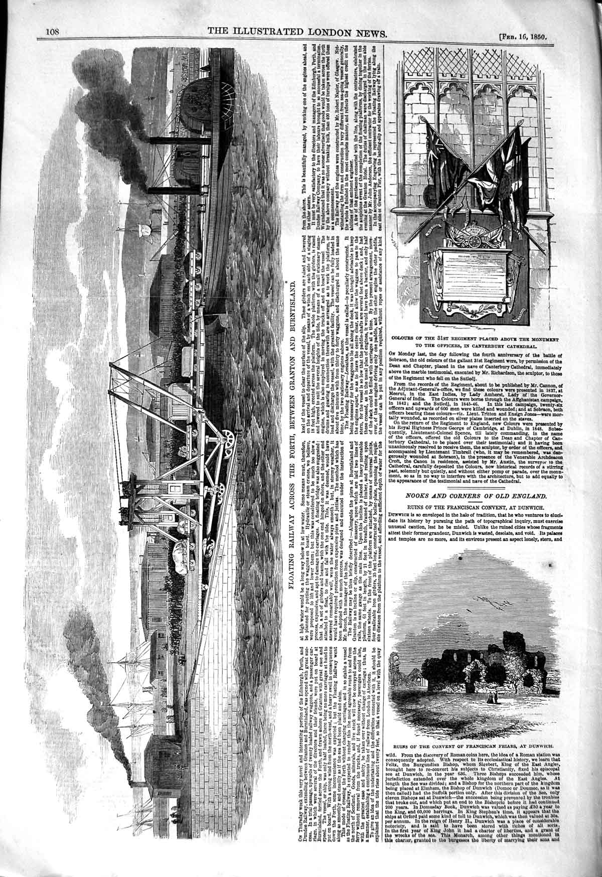 Old Antique Print 1850 Floating Railway Forth Granton Burntisland Dunwich 19th