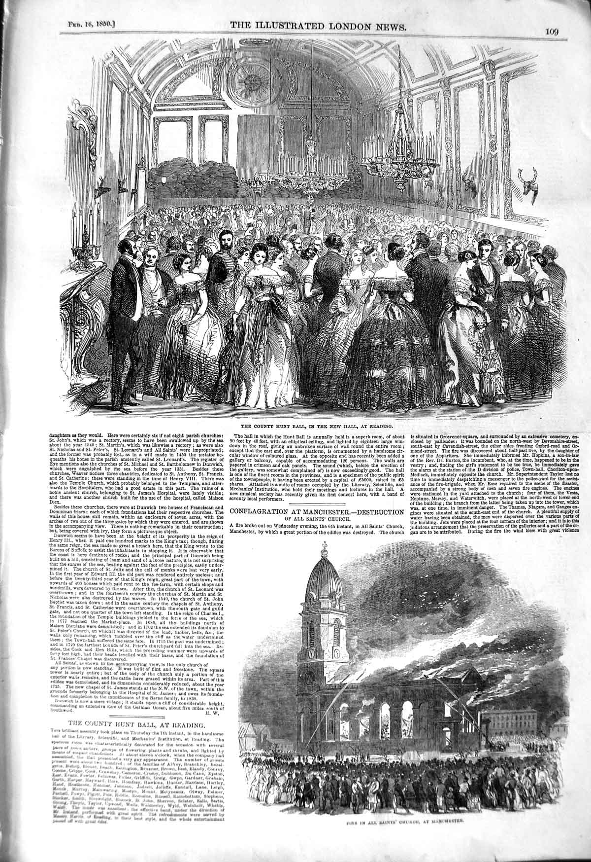 Original Old Antique Print 1850 County Hunt Ball Reading Fire All Saints 19th
