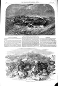 Original Old Antique Print 1850 Ship Wreck Indiaman View Darjeeling Mountains