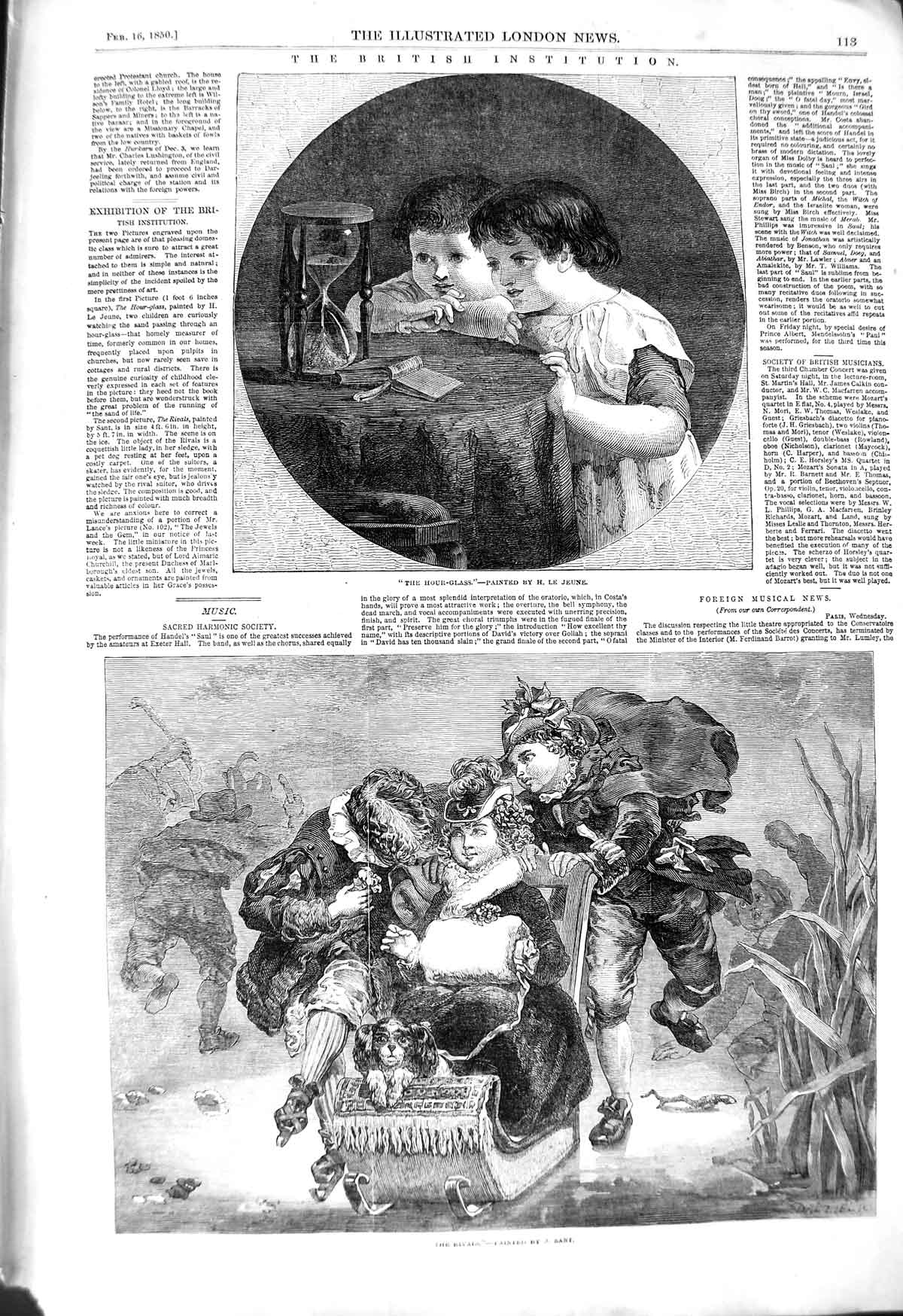 Original Old Antique Print 1850 Children Playing Sledge Hour Glass British Art