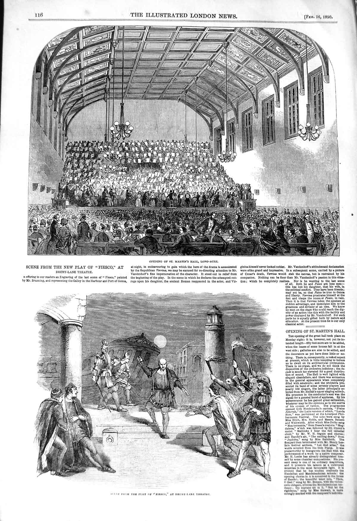 Old Antique Print 1850 Martin'S Hall Long-Acre Play Fiesco Drury Theatre 19th