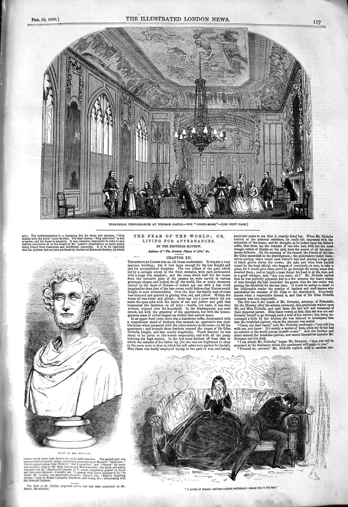 Original Old Antique Print 1850 Theatre Windsor Castle Green Room Bust Hullah