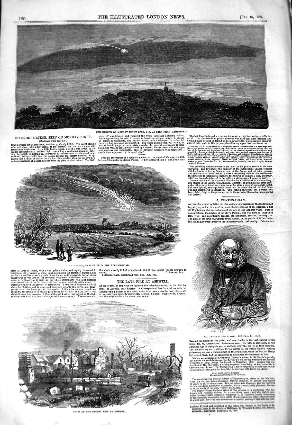 Original Old Antique Print 1850 Meteor Hampstead Fire Ashwell James Victorian