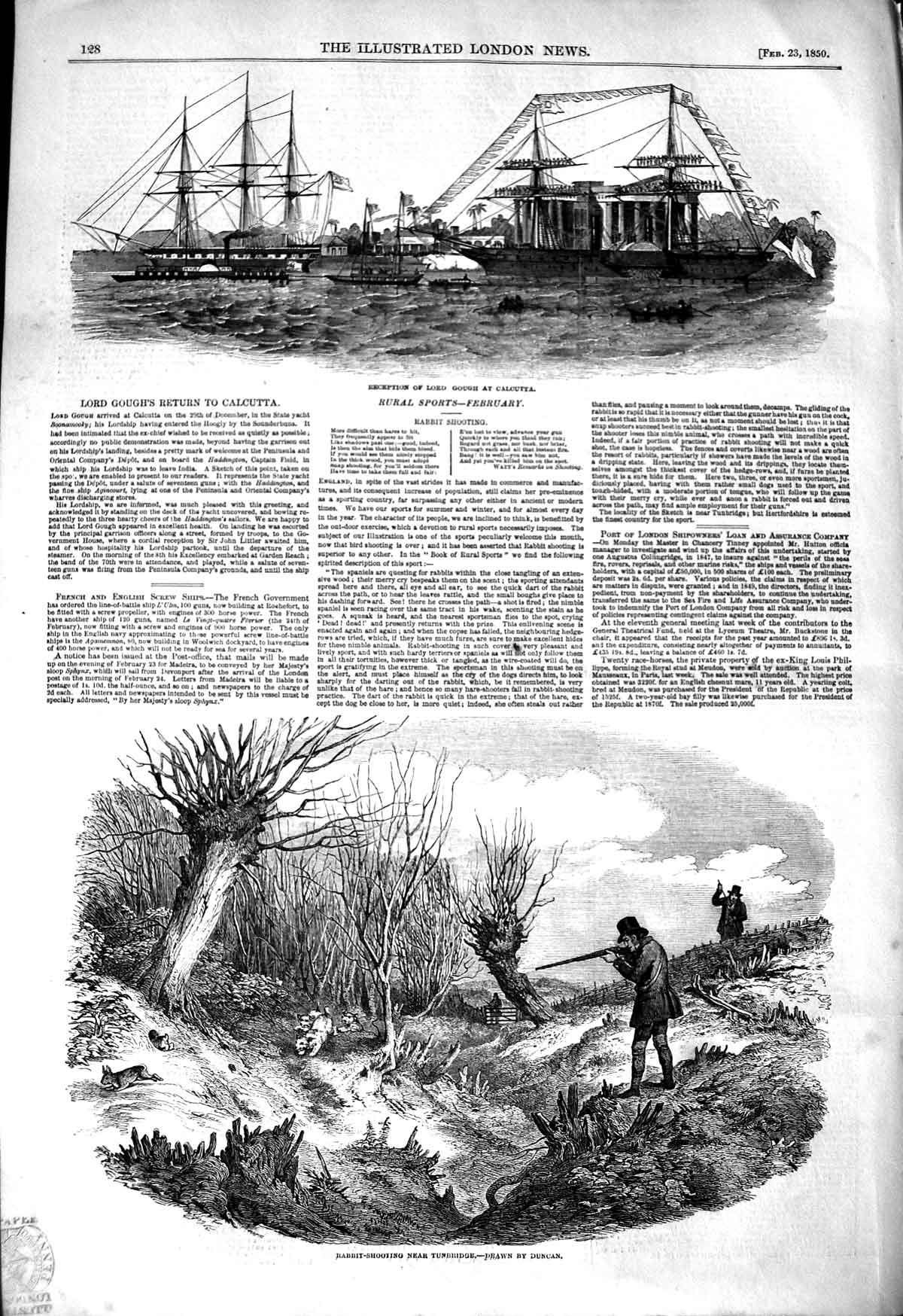 Old Antique Print 1850 Lord Gough Calcutta Ship Rabbit Shooting Tunbridge 19th