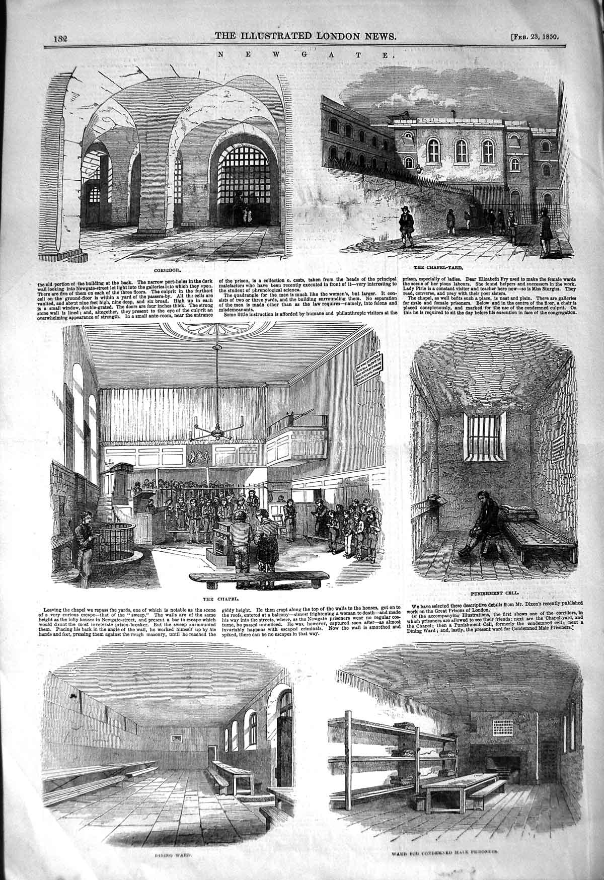 Original Old Antique Print 1850 Newgate Prison Cell Chapel Dini 19th