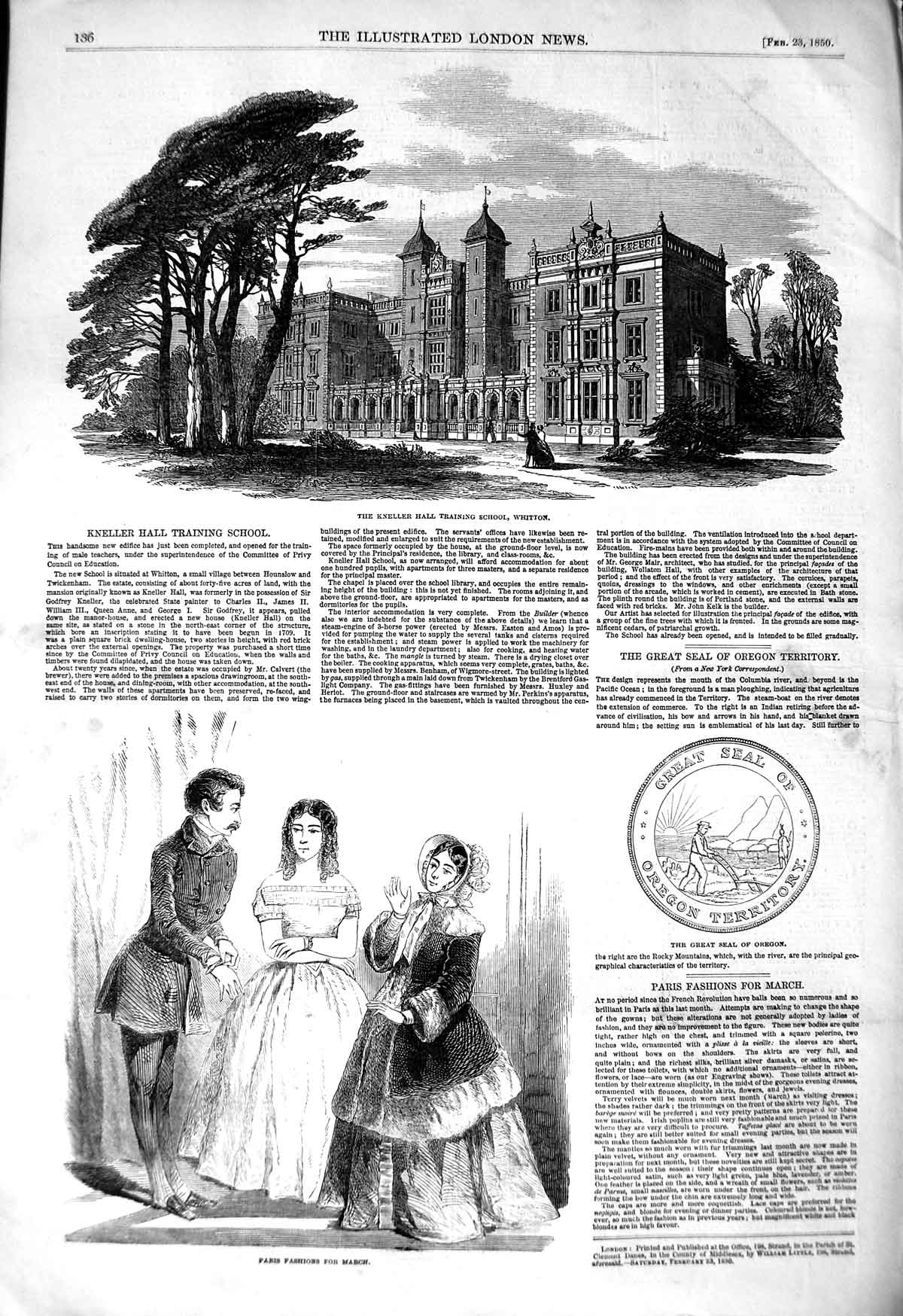 Old Antique Print 1850 Kneller Hall Training School Whitton Paris Fashion 19th