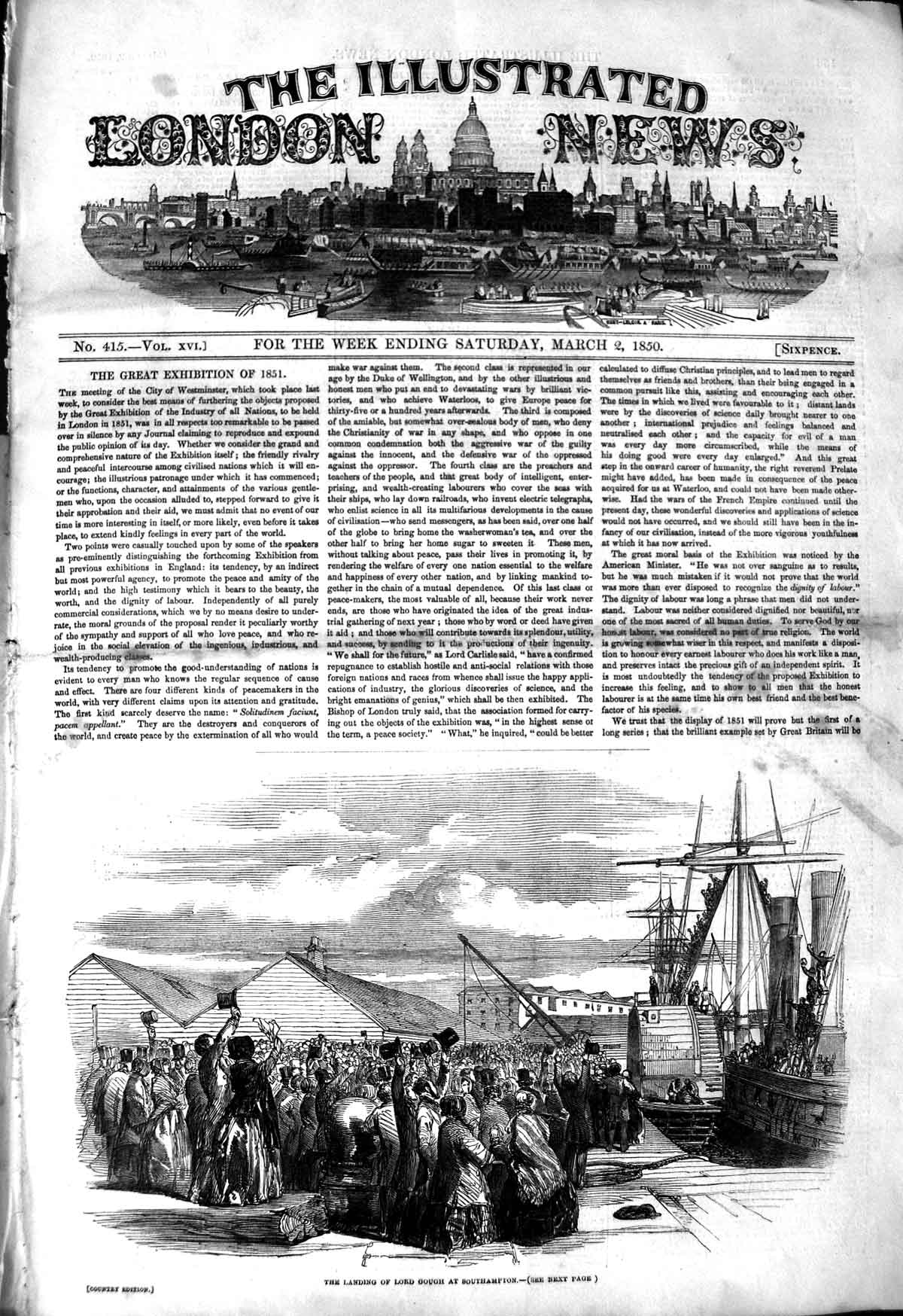 Original Old Antique Print 1850 Scene Landing Lord Gough Southampton Ship 19th