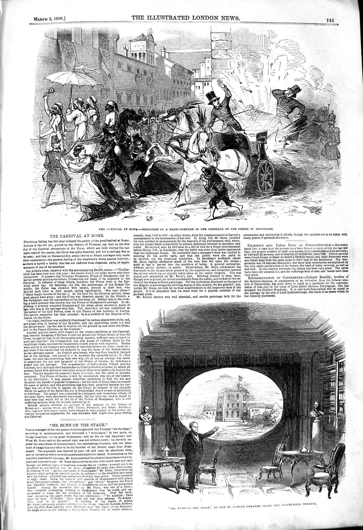 Old Antique Print 1850 Carnival Rome Prince Musignano Blackfriars Theatre 19th