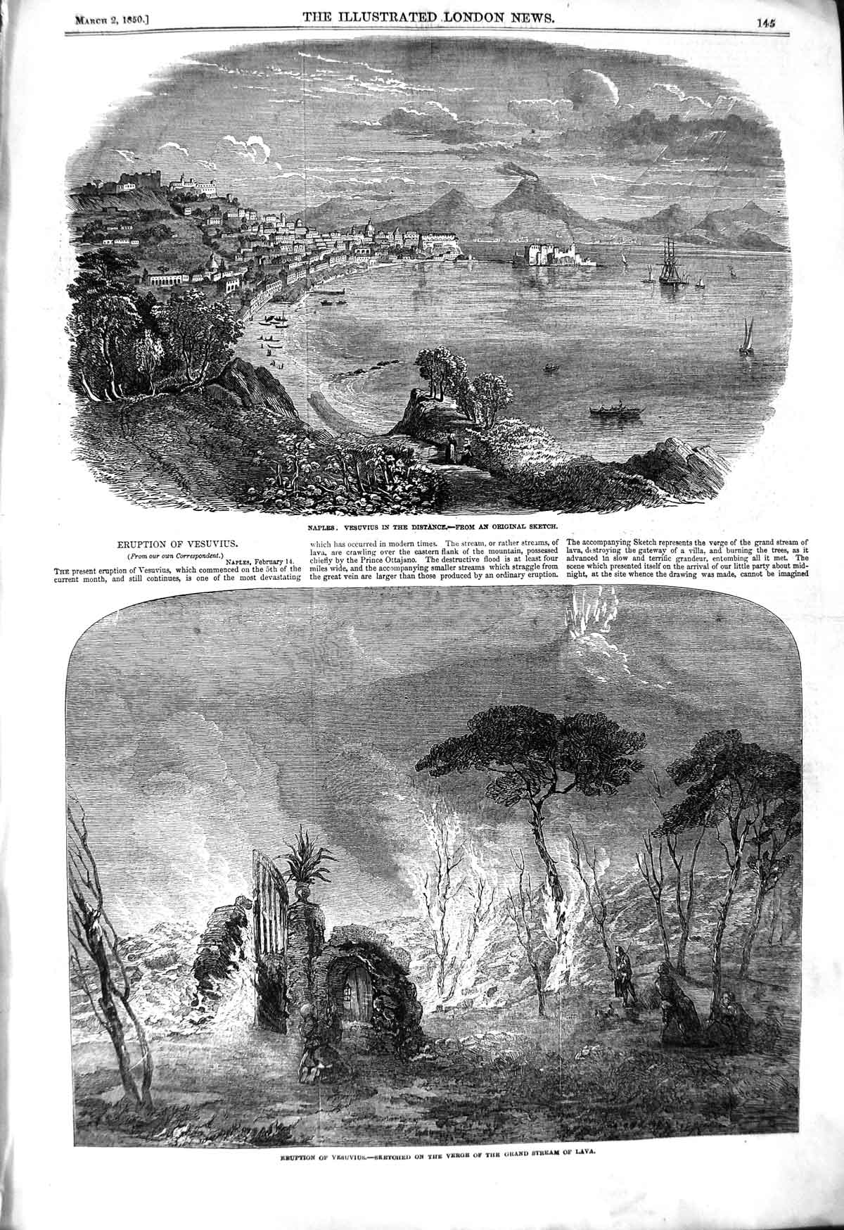 Original Old Antique Print 1850 Eruption Volcano Lava Vesuvius Mountain Naples