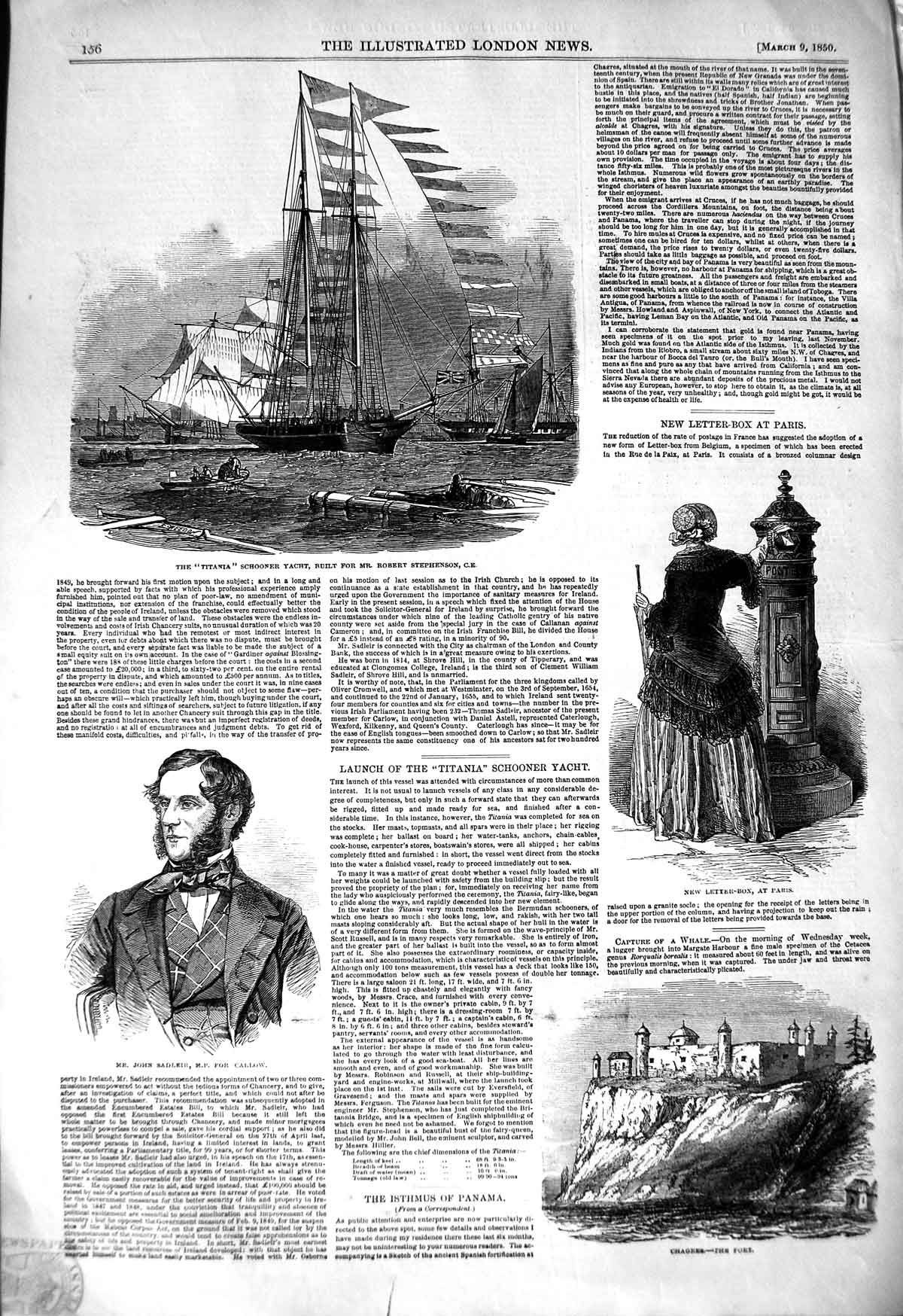 Old Antique Print 1850 Titania Schooner Yacht Stephenson Sadleir Chagres 19th