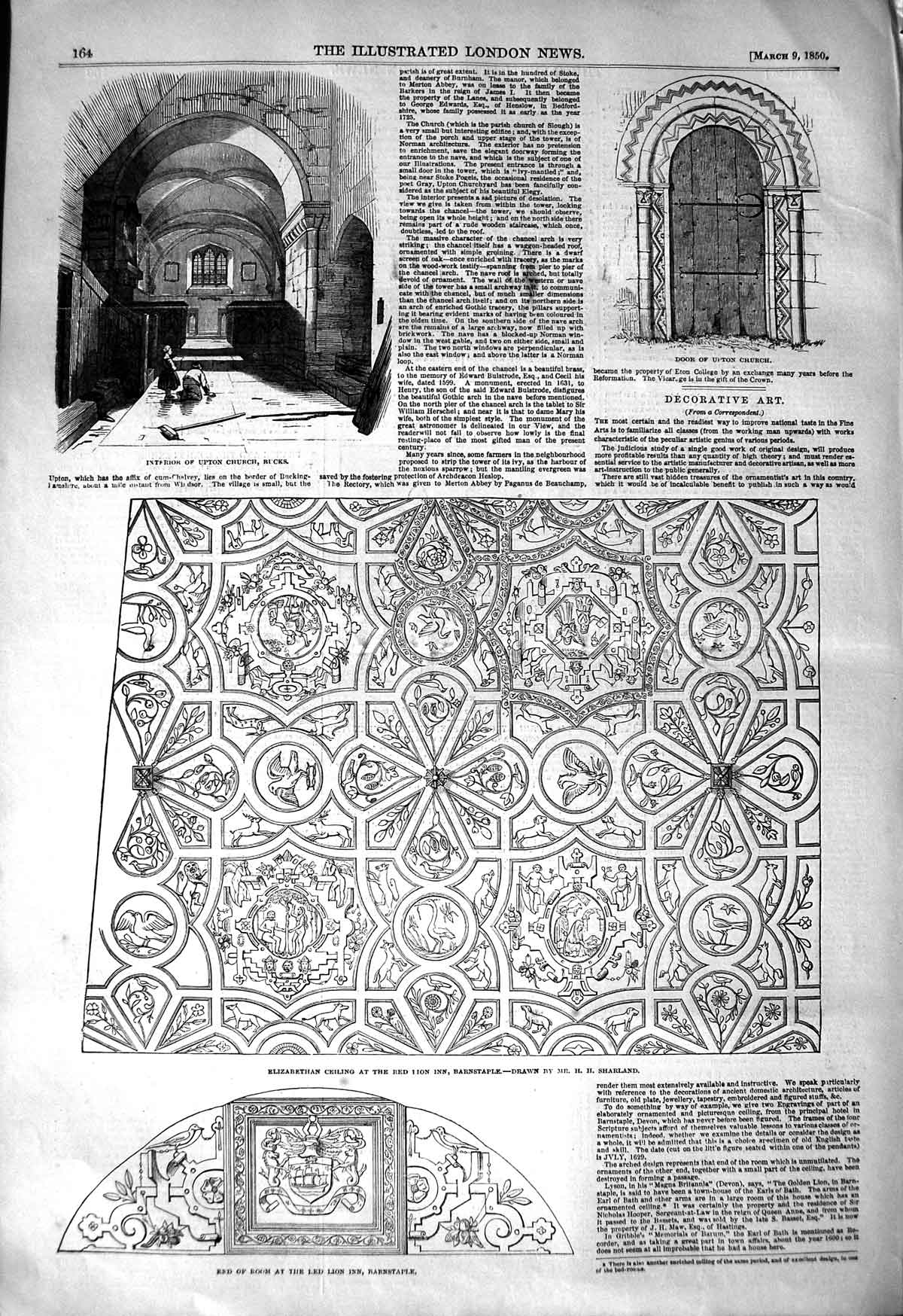 Old Antique Print 1850 Elizabethan Ceiling Red Lion Inn Barnstaple Church 19th
