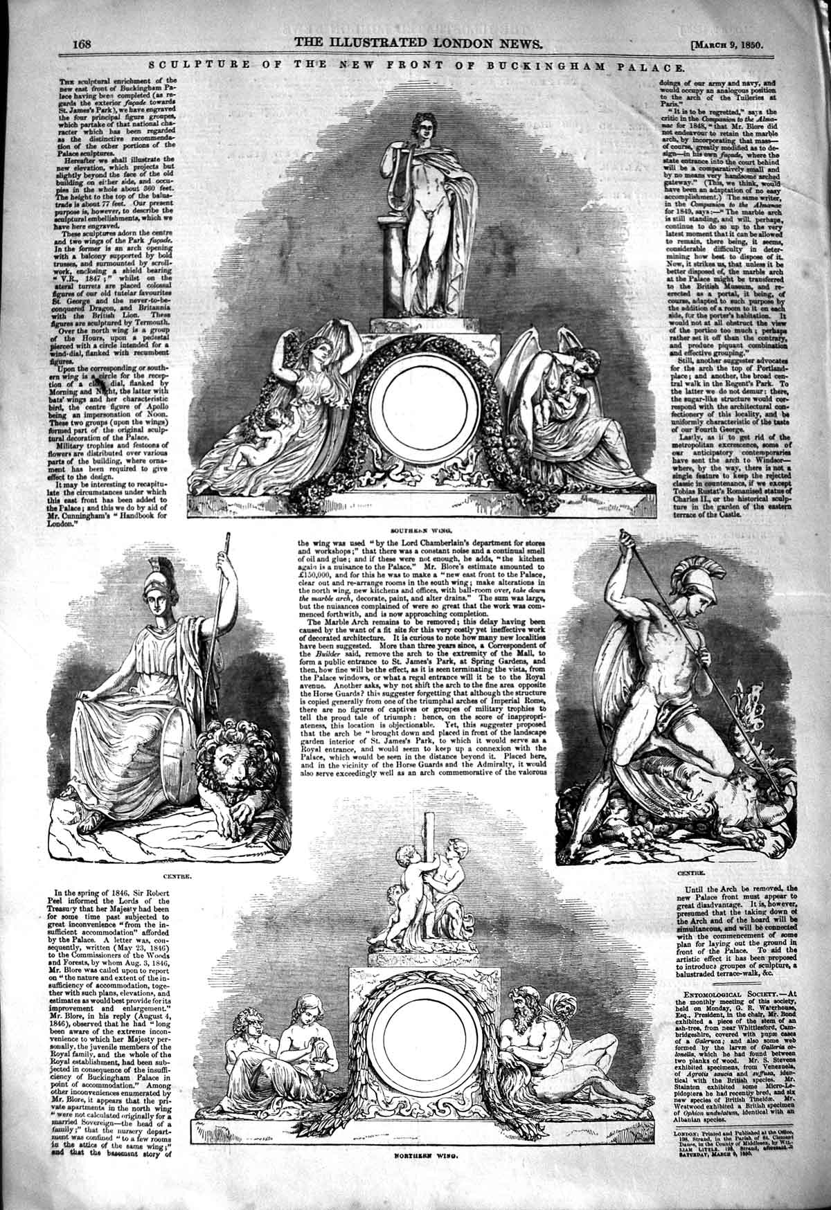 Original Old Antique Print 1850 Sculpture New Front Buckingham Palace Art 19th
