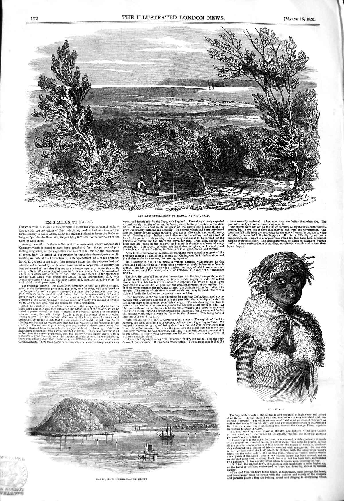 Old Antique Print 1850 Bay Settlement Natal D'Urban Zoolu Man Emigration 19th