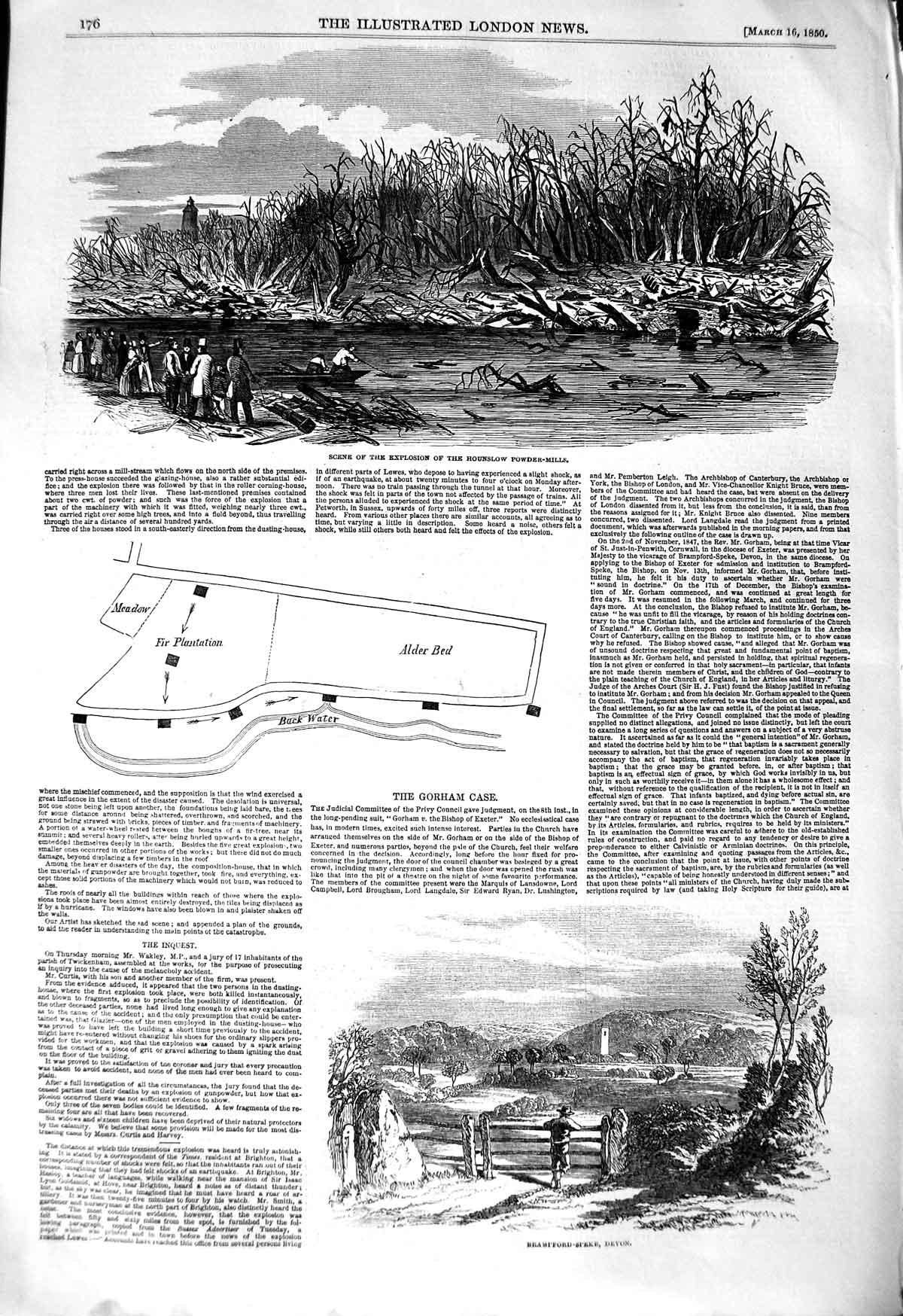 Original Old Antique Print 1850 Explosion Hounslow Powder-Mills Brampfor 19th