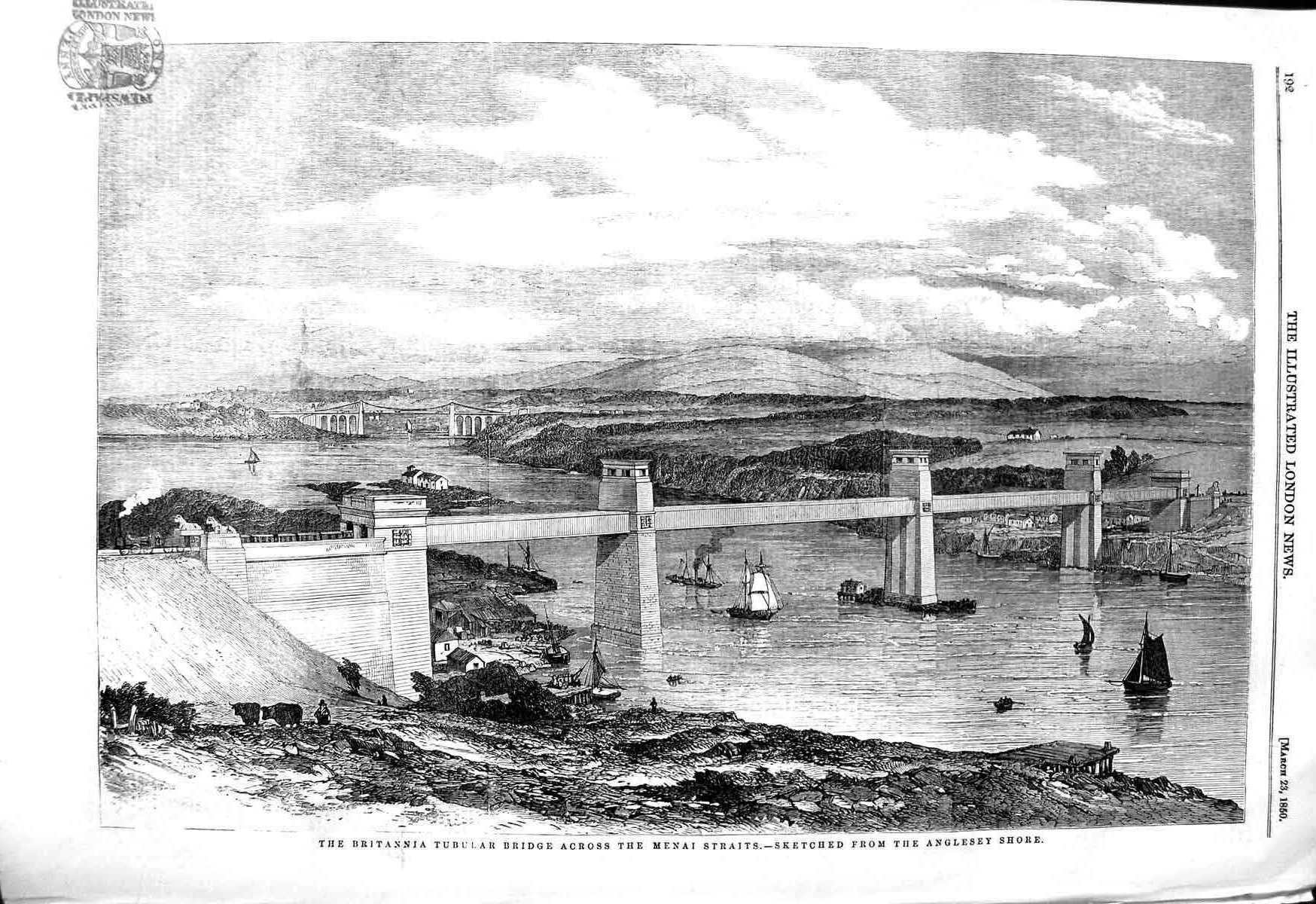 Old Antique Print 1850 Britannia Tubular Bridge Menai Straits Stephenson 19th