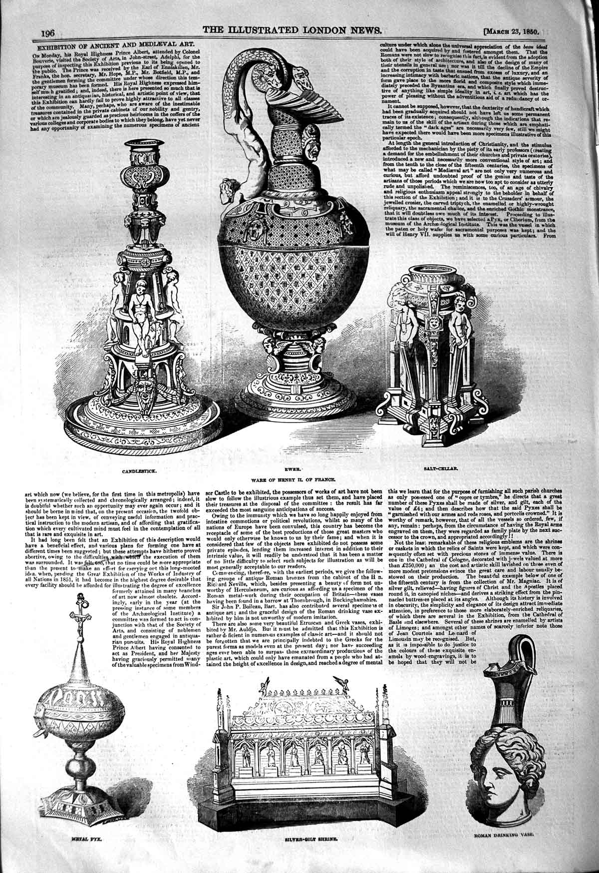 Original Old Antique Print 1850 Art Candlestick Shrine Pyx Vase Tankard Lorenzo