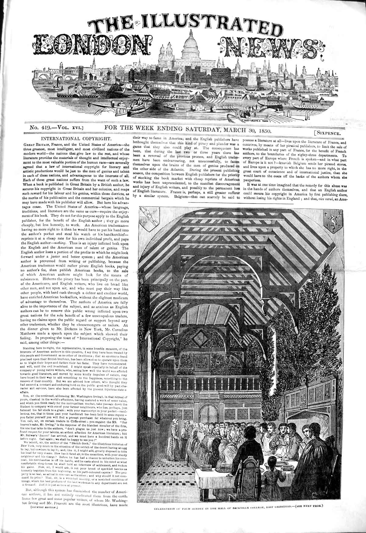 Original Old Antique Print 1850 Palm Sunday Hall Sackville College Grinstead