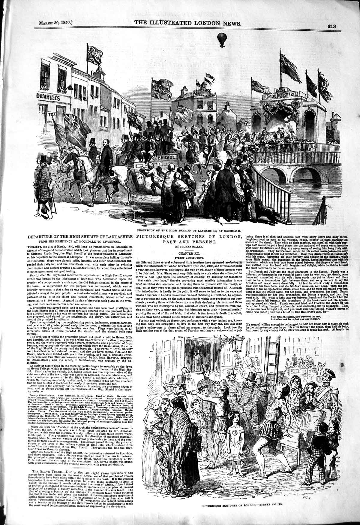 Original Old Antique Print 1850 High Sheriff Lancashire Rochdale London Street