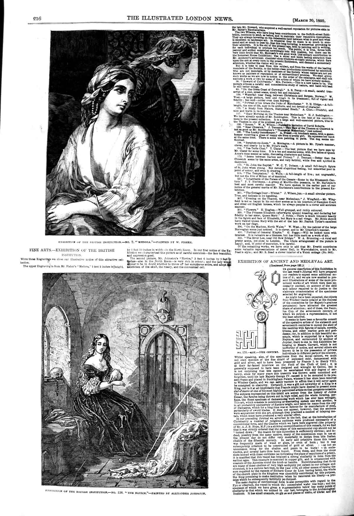 Original Old Antique Print 1850 Medora Exhibition Institution Fine Art Johnston