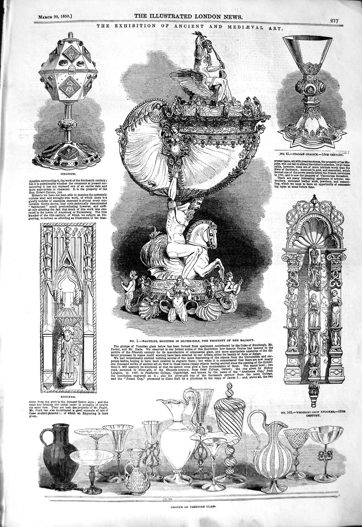 Original Old Antique Print 1850 Ancient Art Venetian Glass Nautilus Ciborium