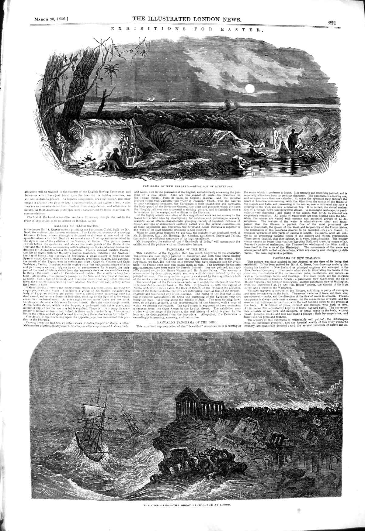 Original Old Antique Print 1850 Panorama New Zealand Cyclorama Earthquake 19th