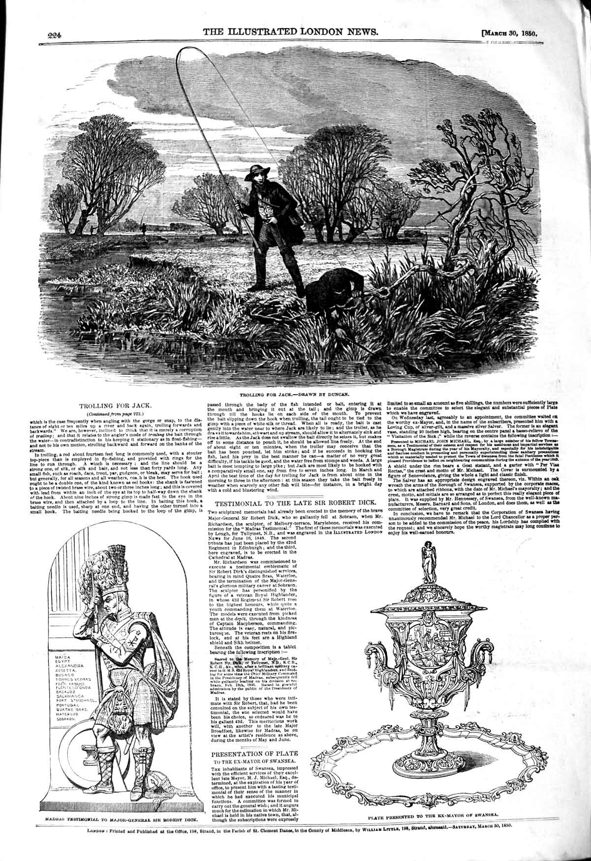 Old Antique Print 1850 Trolling Jack Plate Ex-Mayor Swansea Robert Dick 19th