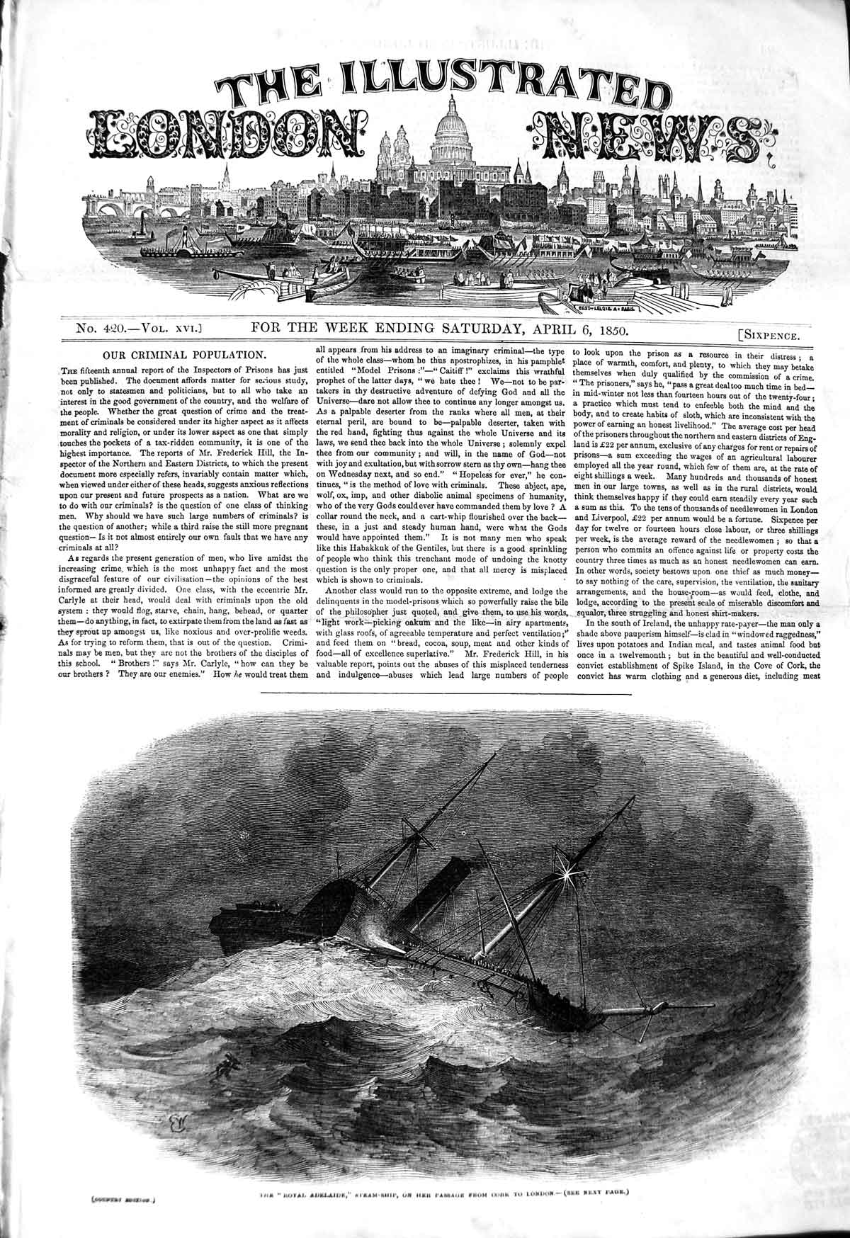 Original Old Antique Print 1850 Royal Adelaide Steam Ship Cork London Fine Art