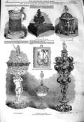 Old Antique Print 1850 Ivory Cup Pearl Shell Bronze Inkstand Ancient Art 19th