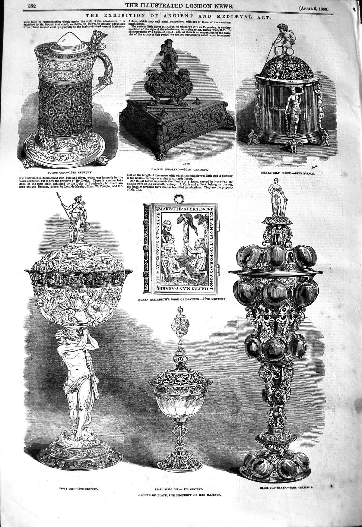Old Antique Print 1850 Ivory Cup Pearl Shell Bronze Inkstand Ancient Art 19th