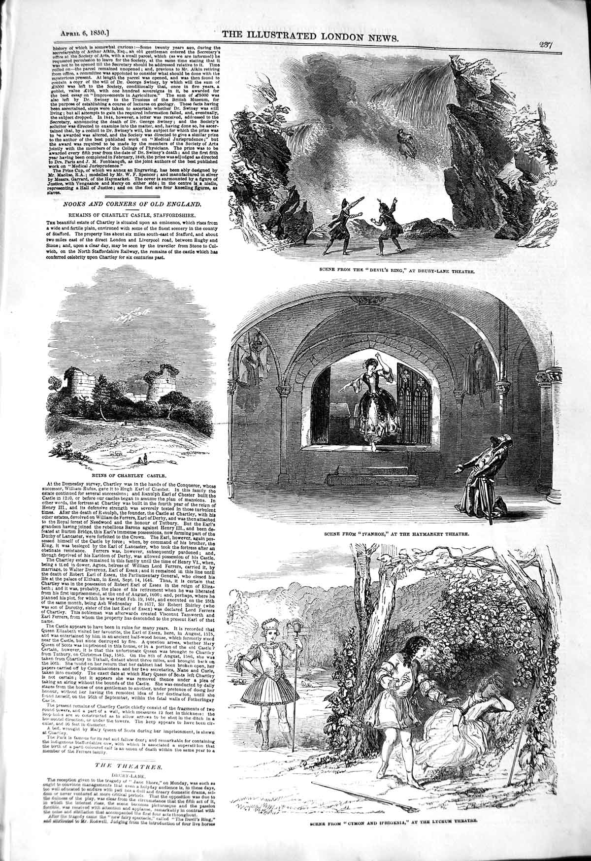 Old Antique Print 1850 Chartley Castle Ivanhoe Haymarket Theatre Lyceum 19th