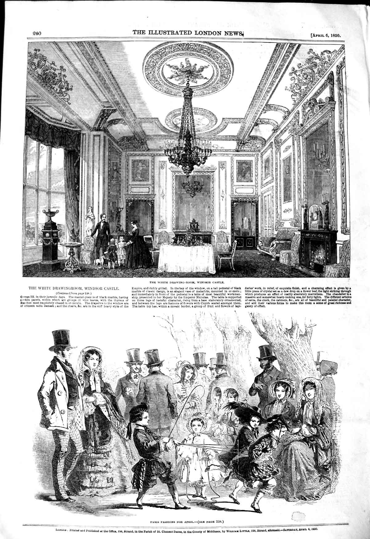 Original Old Antique Print 1850 White Drawing Room Windsor Castle Paris Fashion