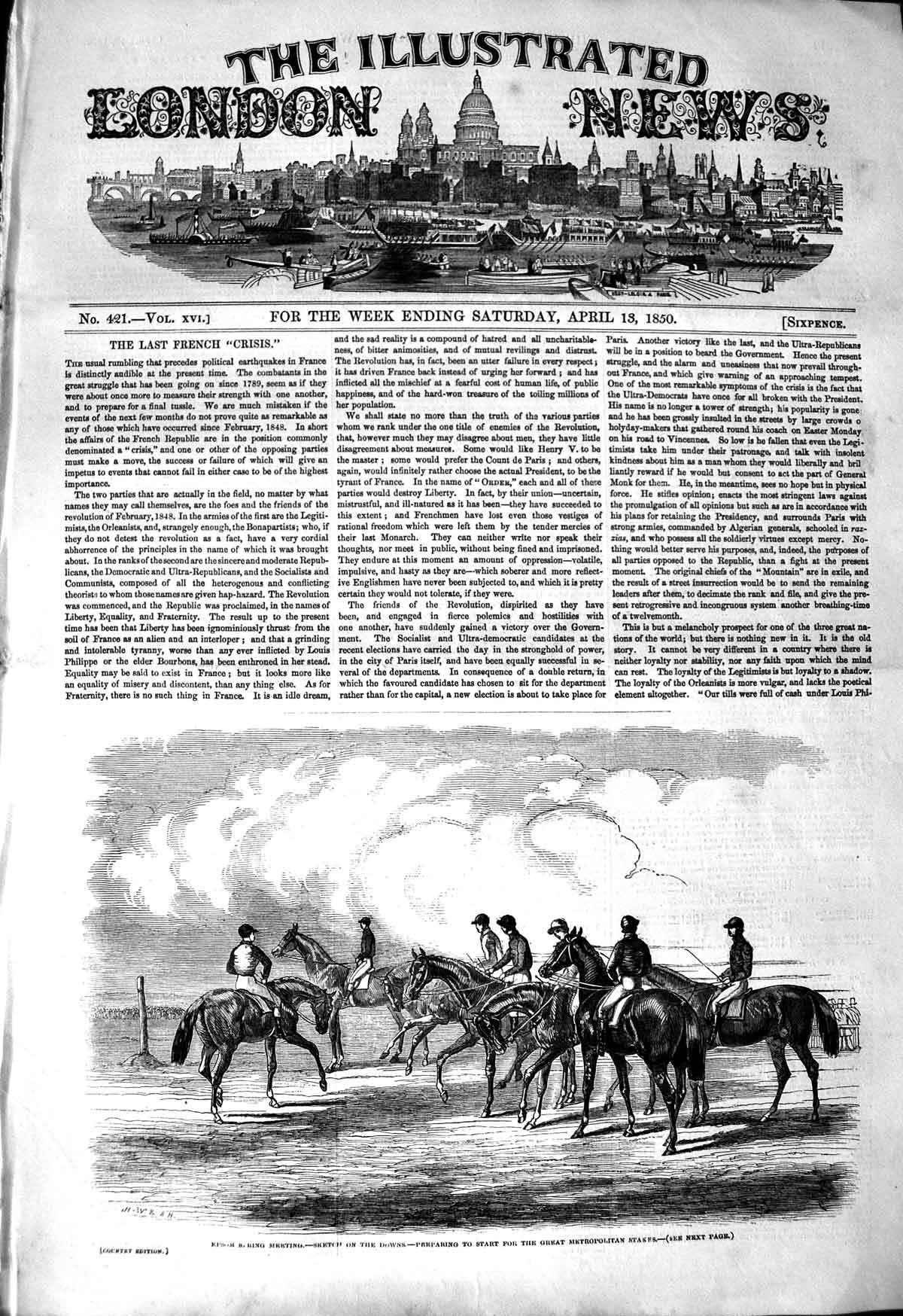 Original Old Antique Print 1850 Epsom Horse Racing Metropolitan Stakes Sport