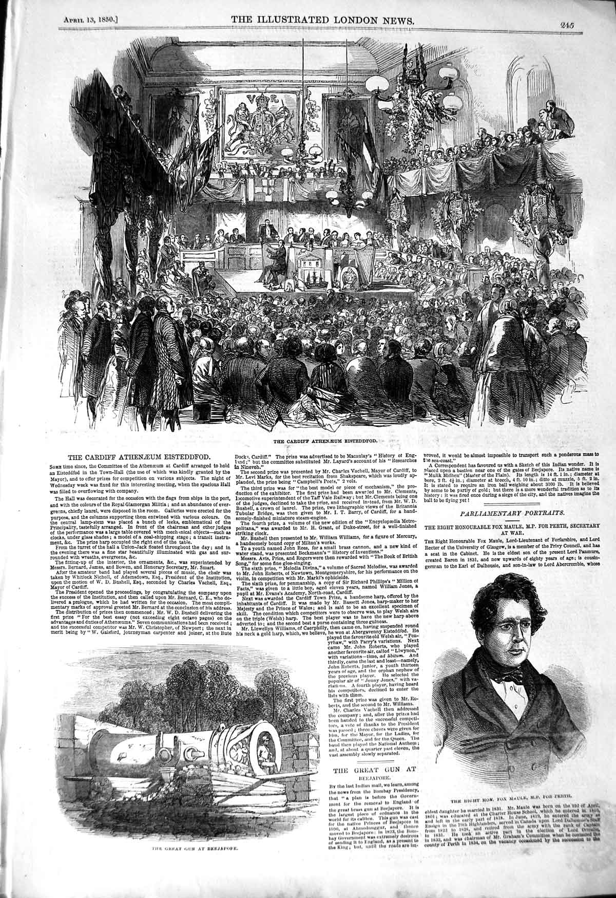 Old Antique Print 1850 Cardiff Athenaeum Eisteddfod Maule Gun Beejapore 19th