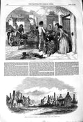 Original Old Antique Print 1850 Flower Seller Fire Cottenham Lambs Victorian