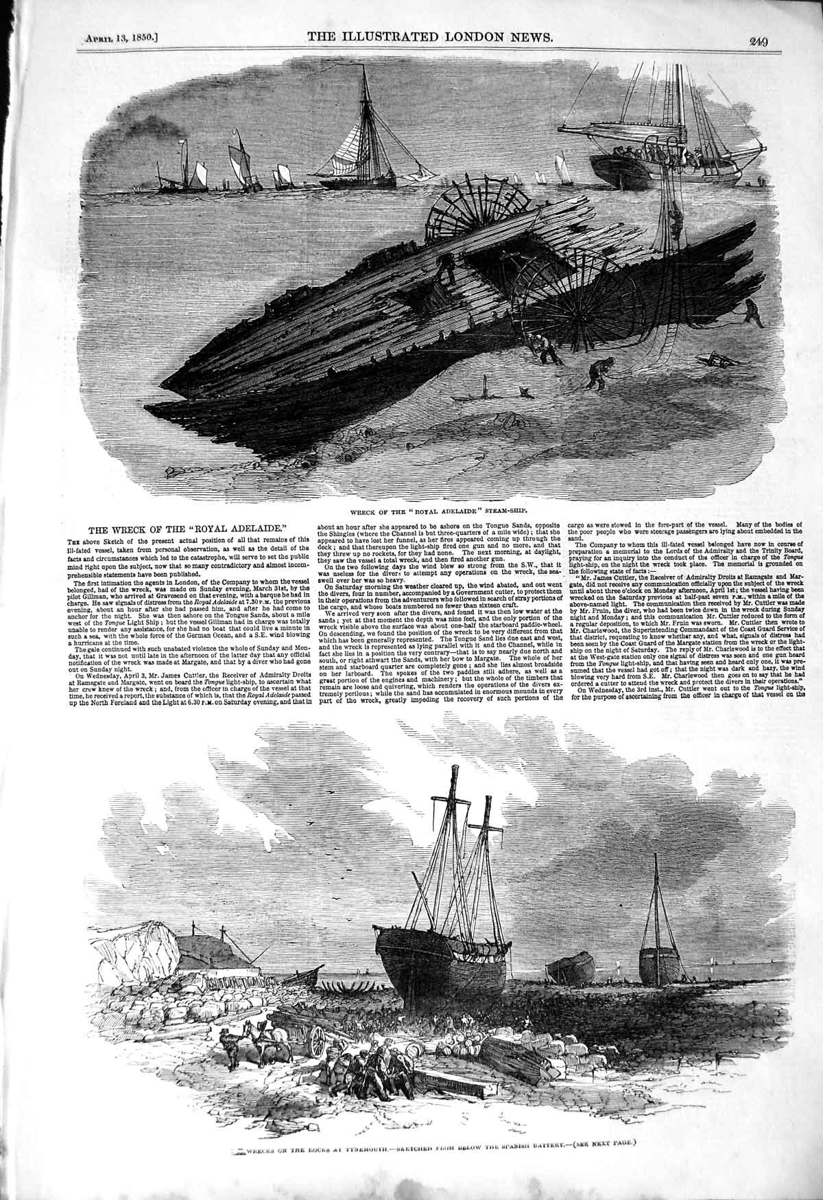 Original Old Antique Print 1850 Ship Wreck Royal Adelaide Rocks Tynemouth War