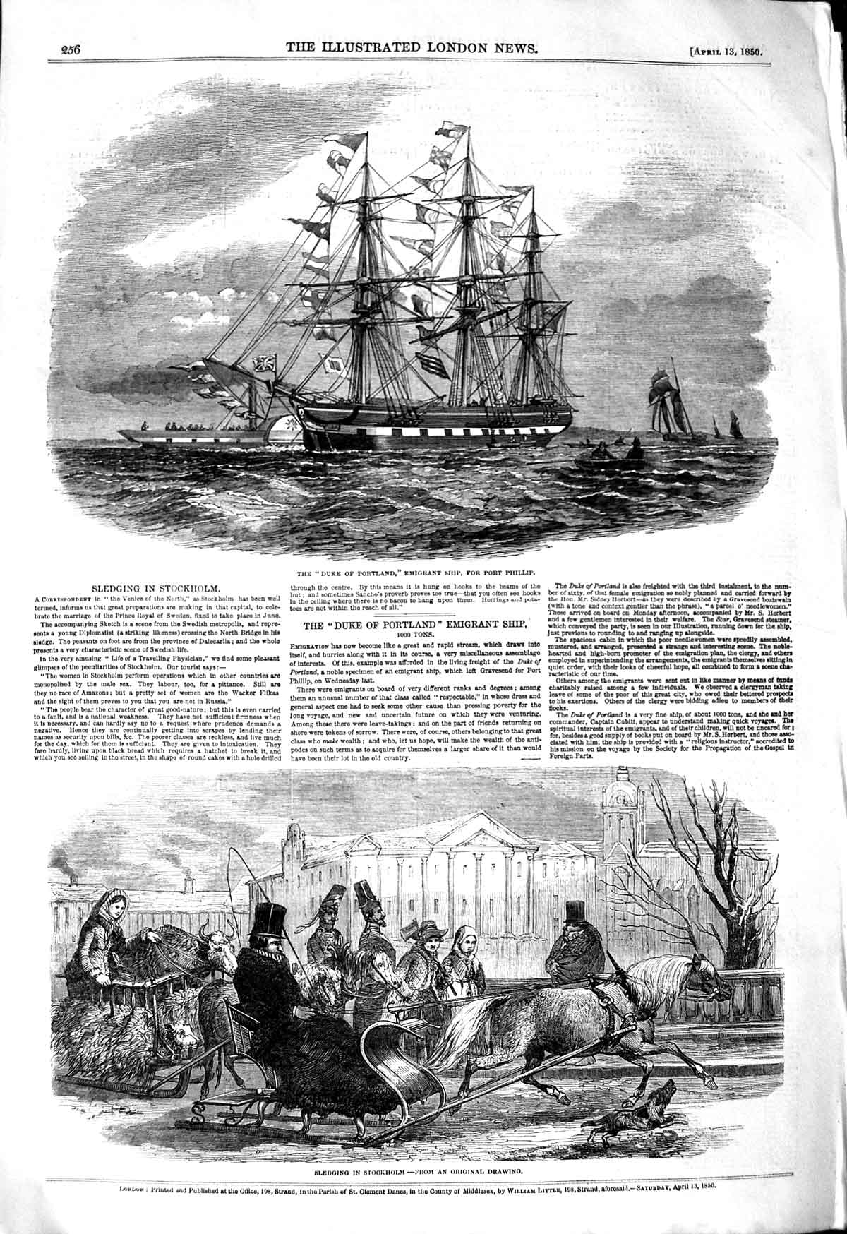Original Old Antique Print 1850 Ship Duke Portland Emigrant Sledging Stockholm