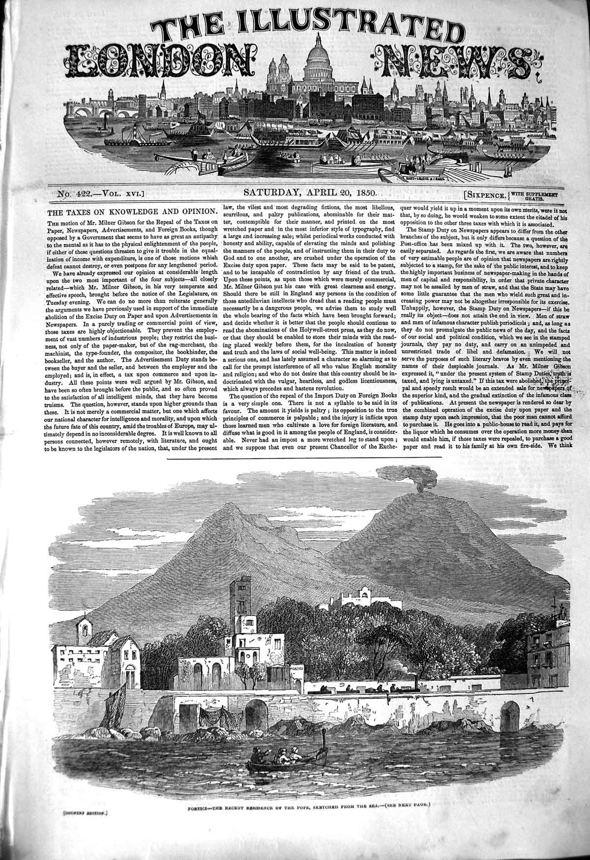 Original Old Antique Print 1850 Portici Residence Pope Sea Mountains Boat 19th