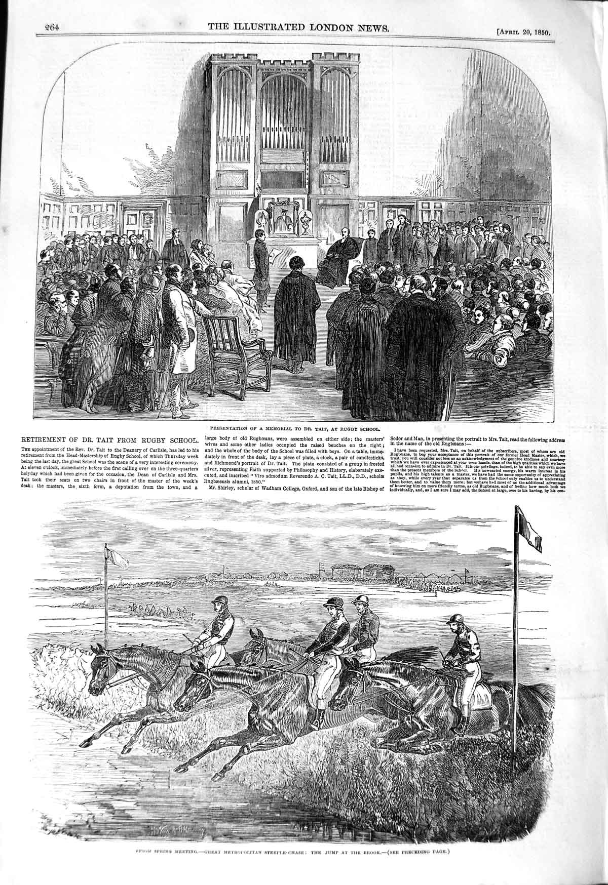 Old Antique Print 1850 Epsom Horse Racing Memorial Dr. Tait Rugby School 19th