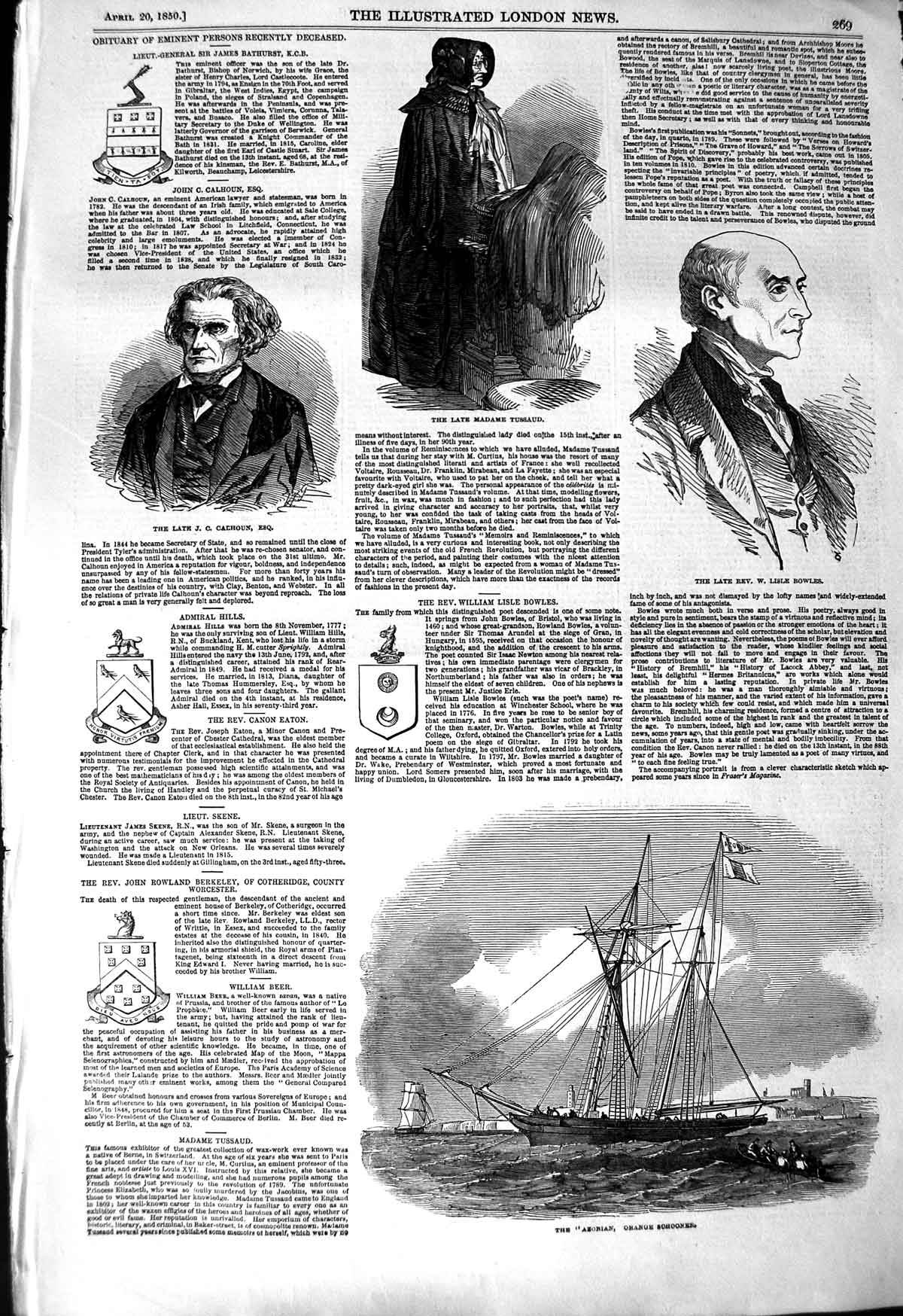 Original Old Antique Print 1850 Calhoun Bowles Madame Tussaud Azorian Ship 19th