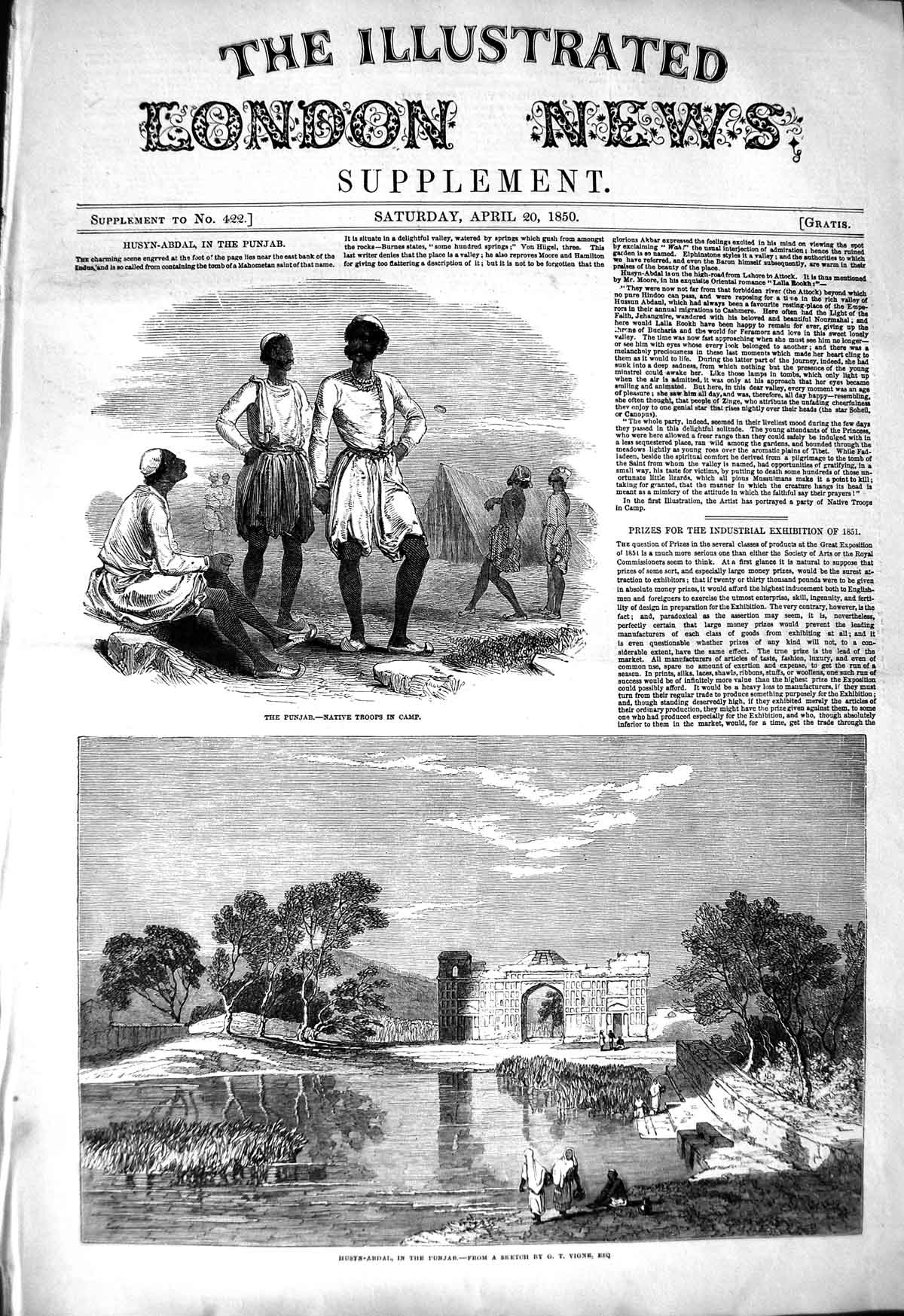 Original Old Antique Print 1850 Husyn-Abdal Punjab Native Troops Air-Gun Shaw