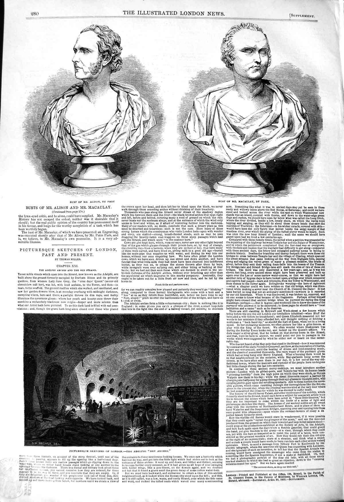 Original Old Antique Print 1850 Bust Alison Macaulay Park Adelphi Dry Arches