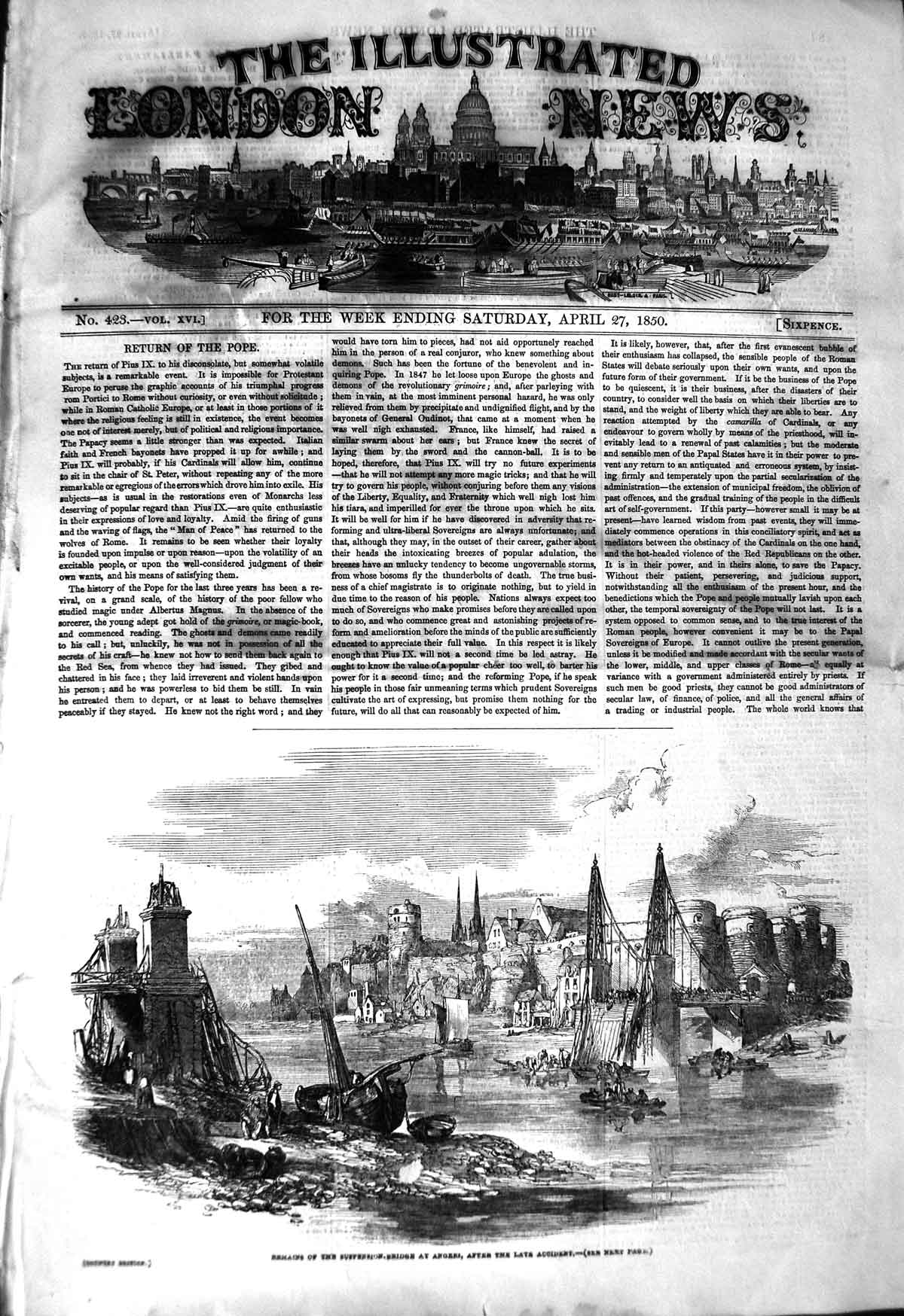 Original Old Antique Print 1850 Remains Suspension Bridge Angers Boats 19th