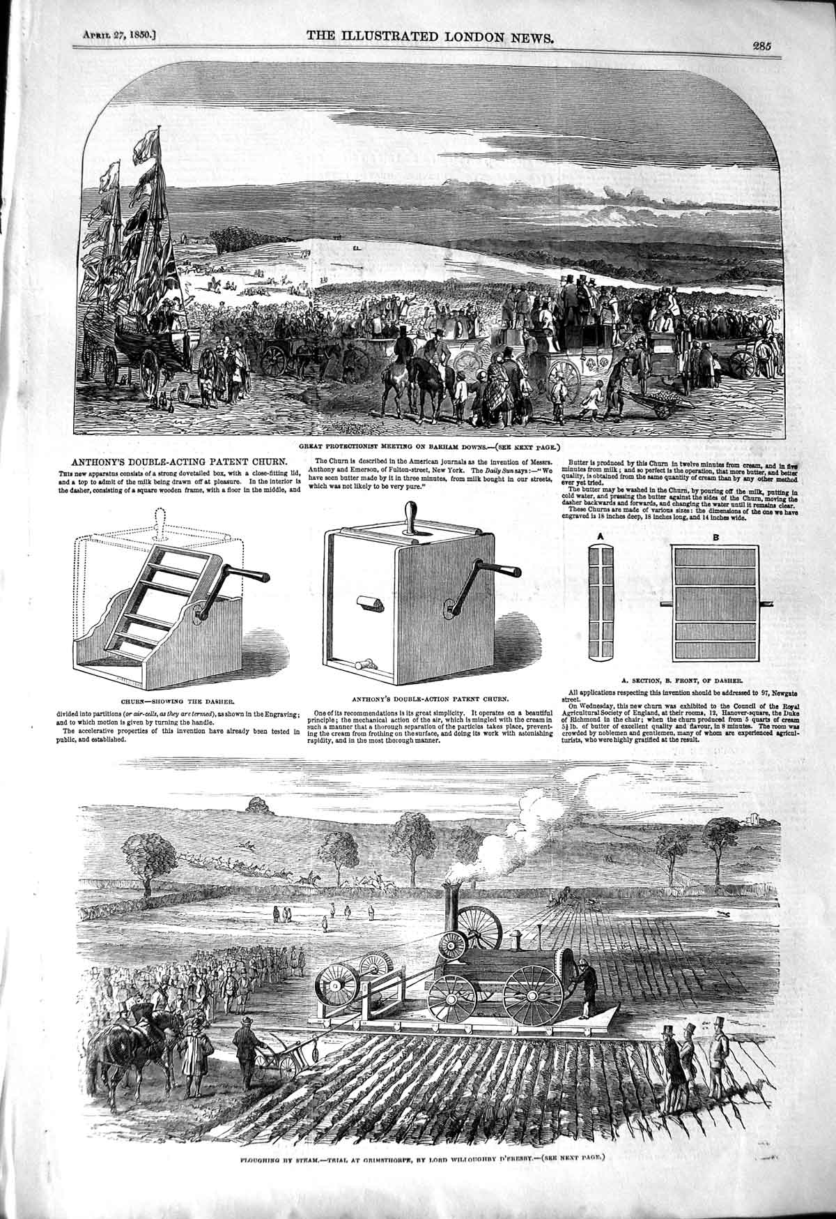 Original Old Antique Print 1850 Anthony'S Double-Acting Patent Churn Ploughing