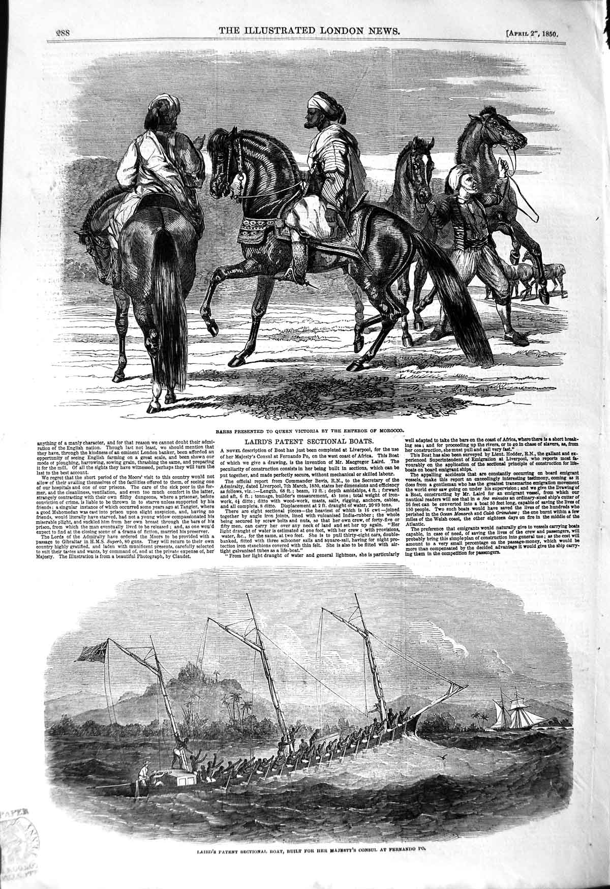 Old Antique Print 1850 Laird Patent Boat Fernando Barbs Emperor Morocco 19th