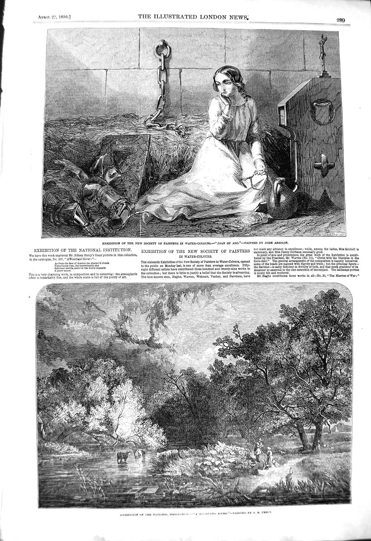 Original Old Antique Print 1850 Woodland River Percy Joan Arc John Absolon Art
