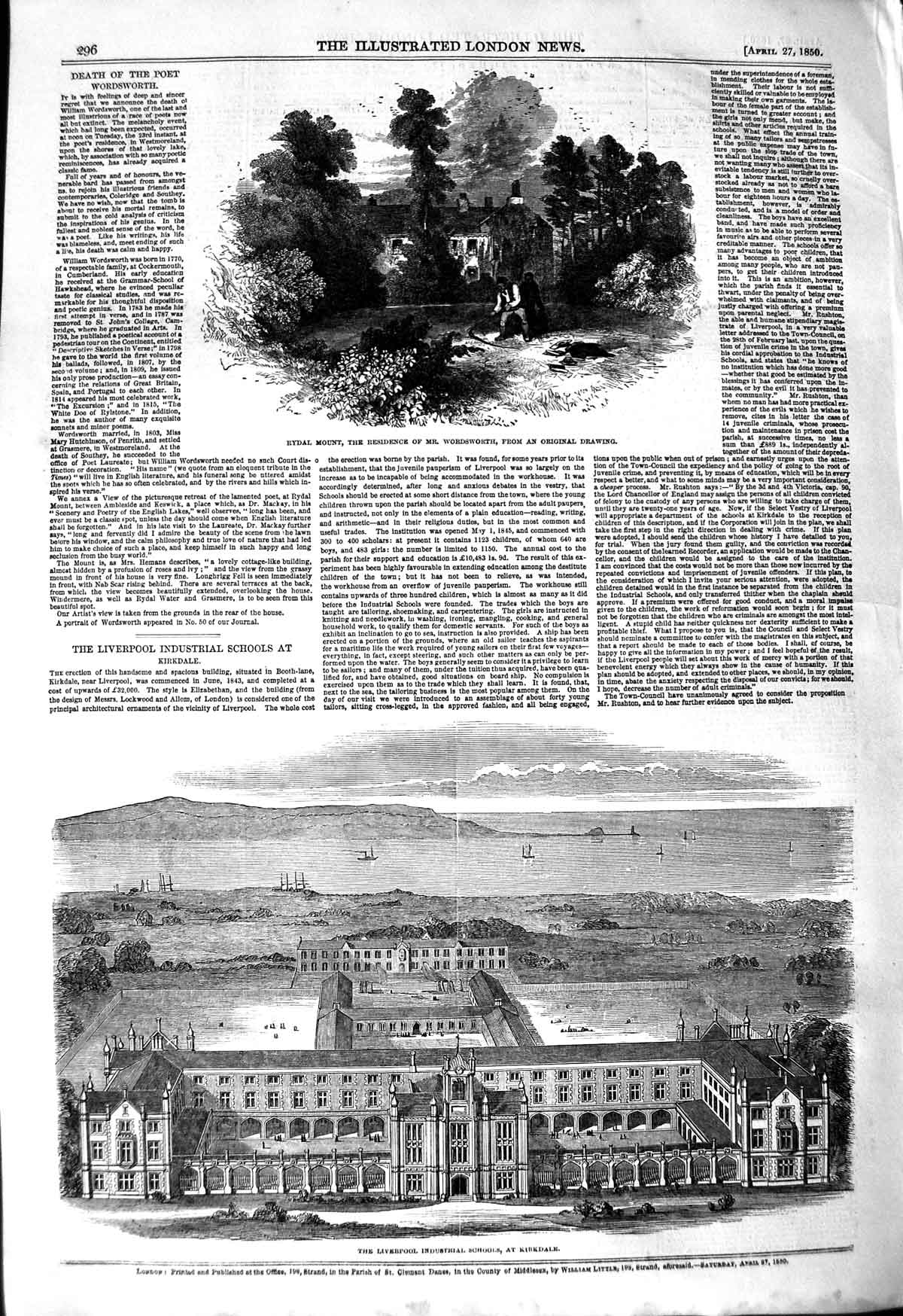 Original Old Antique Print 1850 Rydal Mount Wordsworth Liverpool Industrial 19th