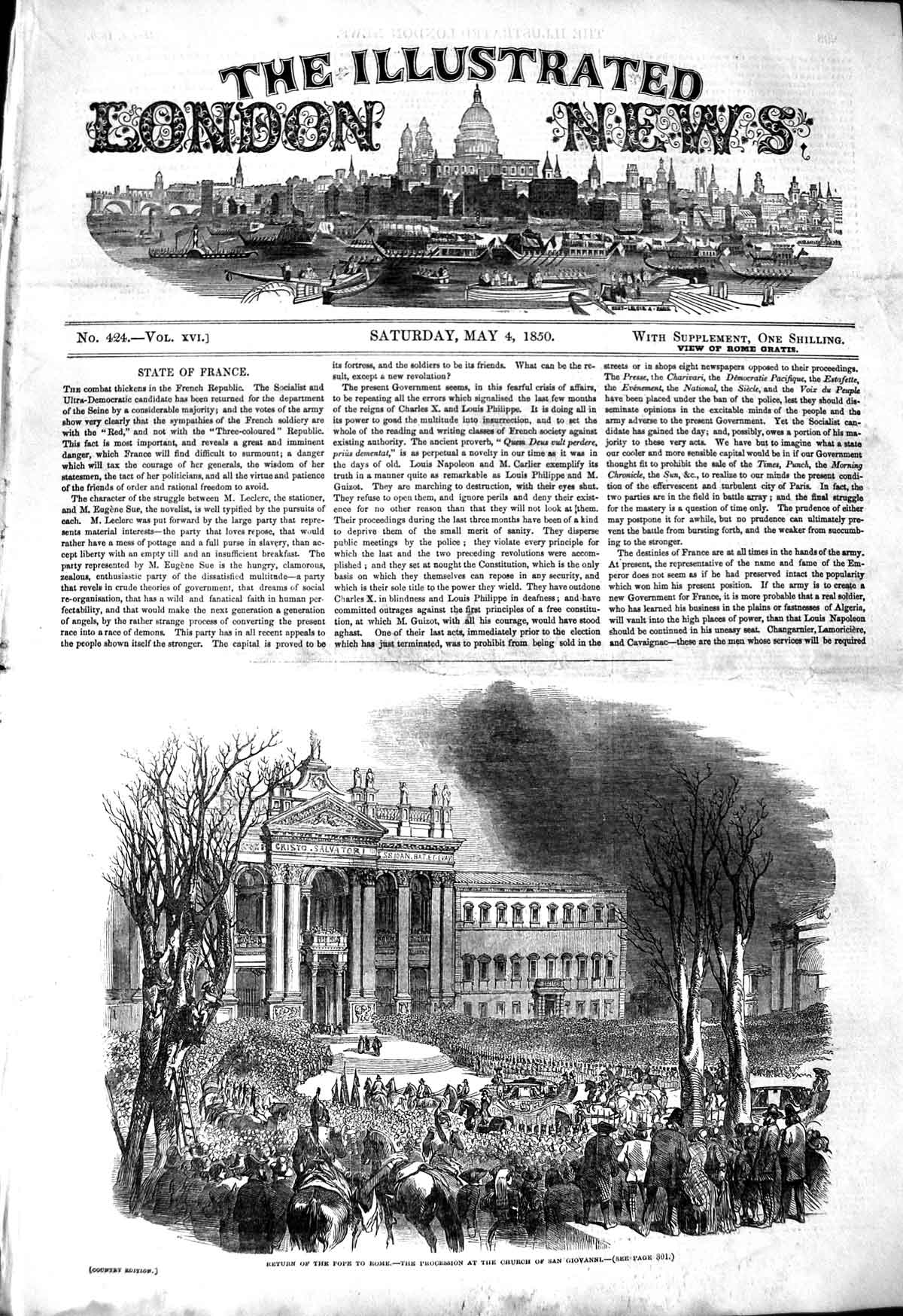 Original Old Antique Print 1850 Pope Rome Procession Church San Giovanni 19th