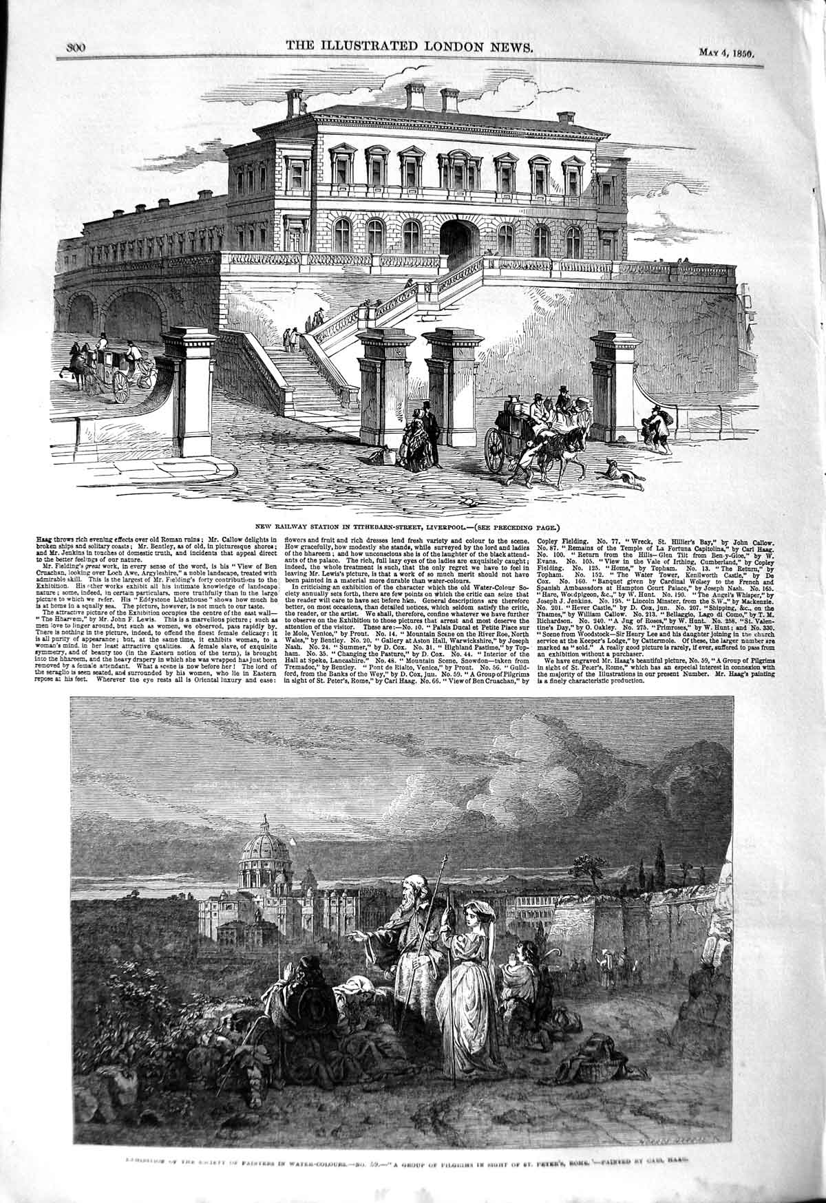 Old Antique Print 1850 Railway Station Tithebarn Liverpool Pilgrims Rome 19th