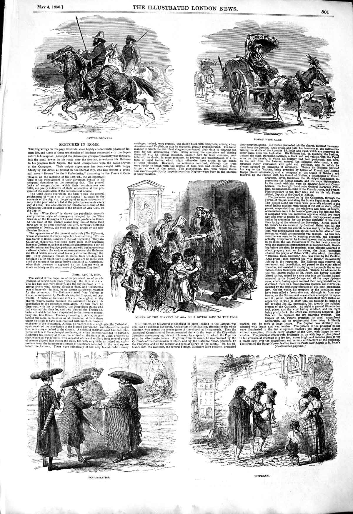 Original Old Antique Print 1850 Rome Cattle-Drovers Wine-Cart Monks Convent Ara